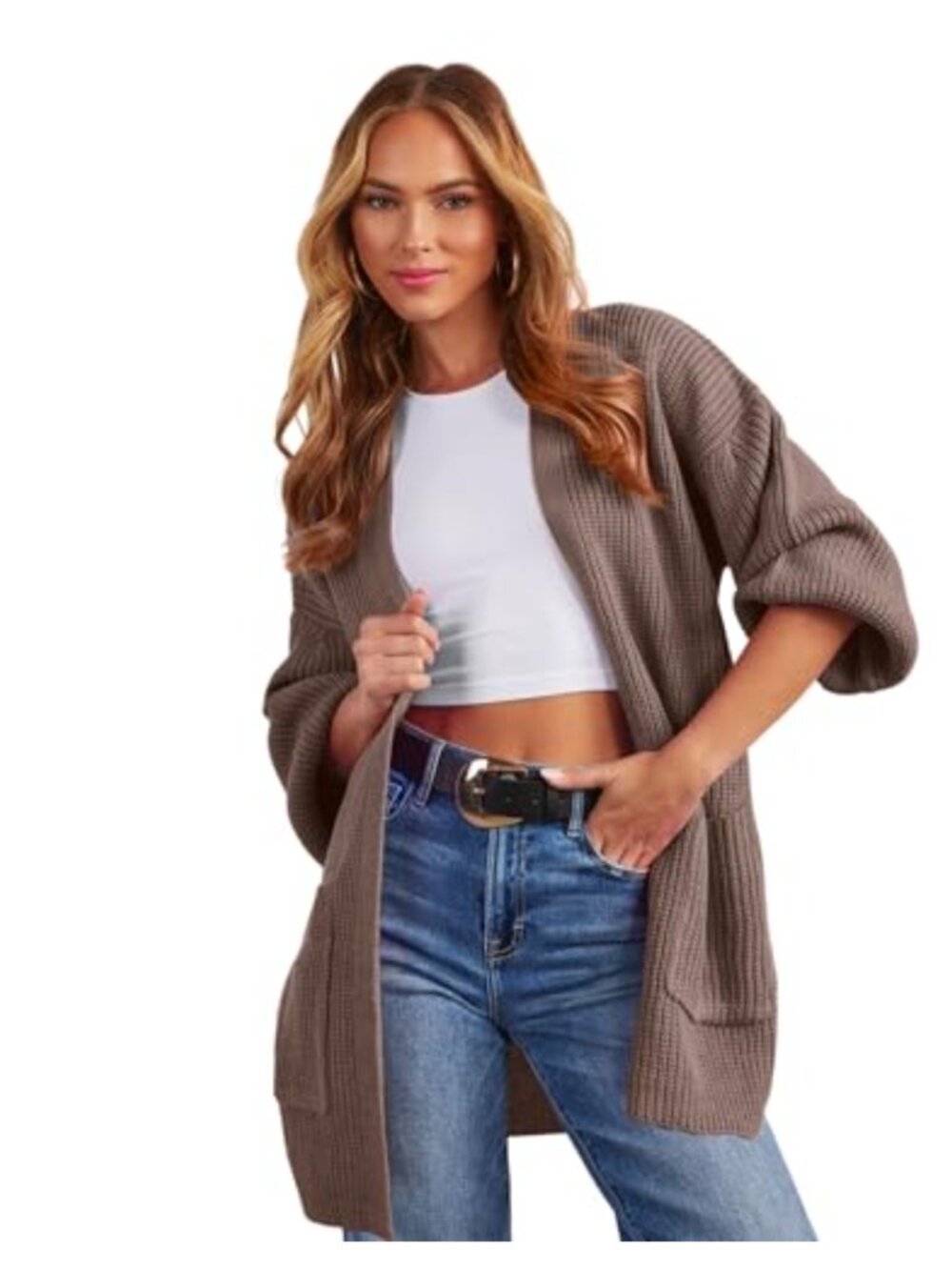 Womens Oversized Waffle Knit Open Front Cardigan Long Sleeve Chunky Sweater